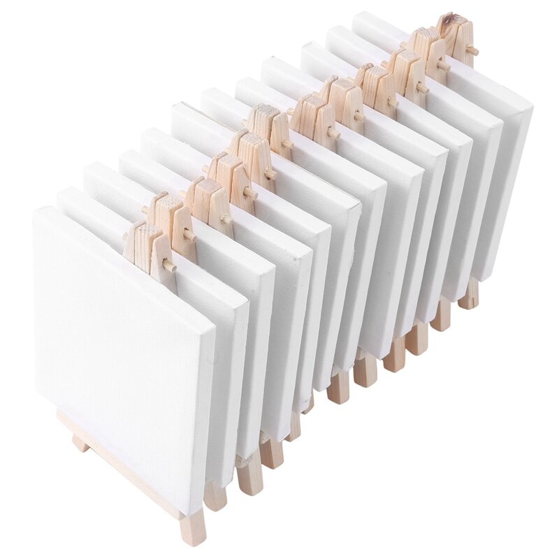 4 By 4 Inch Mini Canvas And 8 X 16Cm Mini Wood Easel Set For Painting Drawing School Student Artist Supplies, 24 Pack