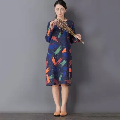 Retro Literarischen Doppel Schicht Baumwolle Langarm Kleid