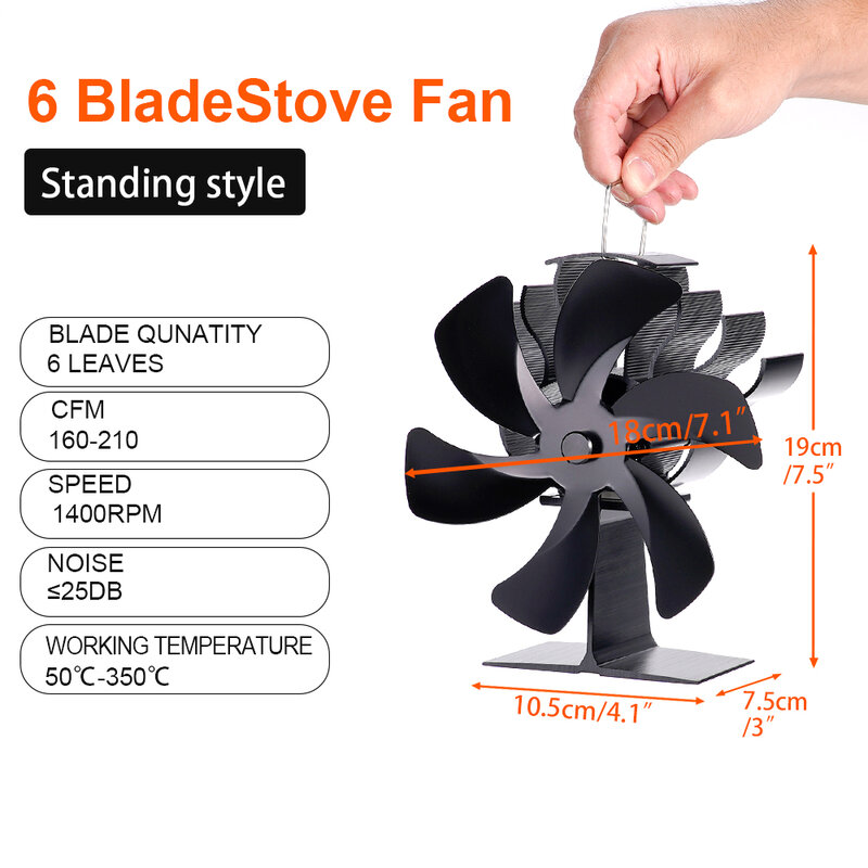6 Blade Black Fireplace Fan Wood Burner Environmental Protection Quiet Household Fireplace Fan Efficient Heat Dissipation