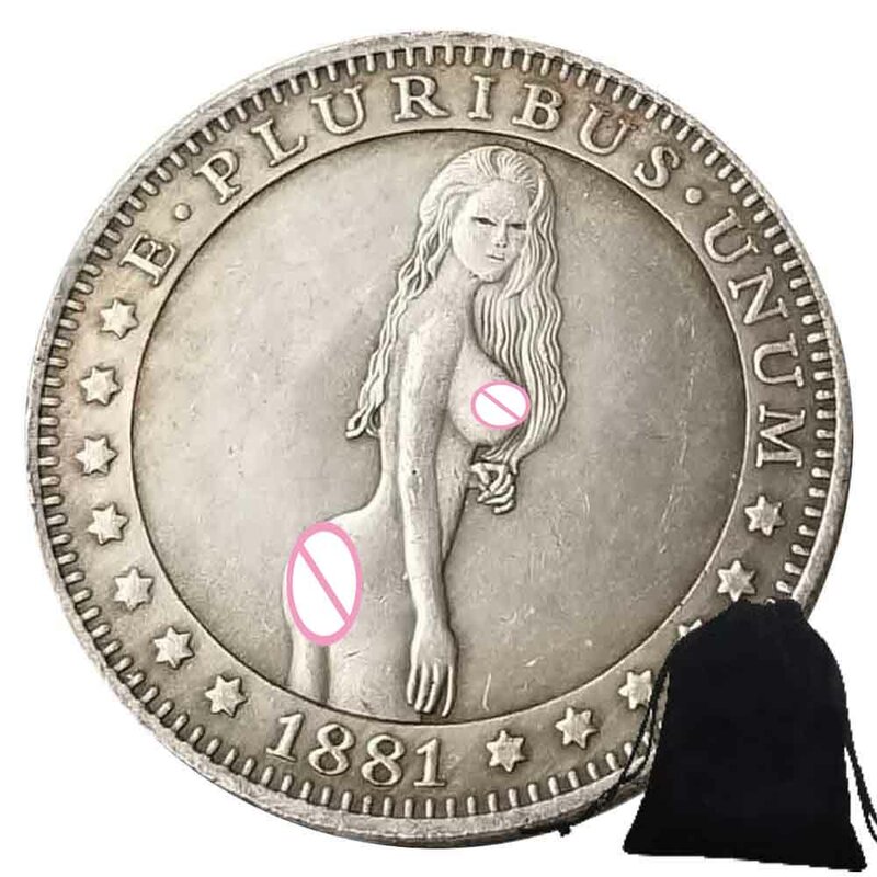 Monedas de bolsillo de lujo Liberty Modern Girl 3D Art Couple, monedas románticas de la buena suerte, moneda divertida conmemorativa, moneda de la suerte + bolsa de regalo