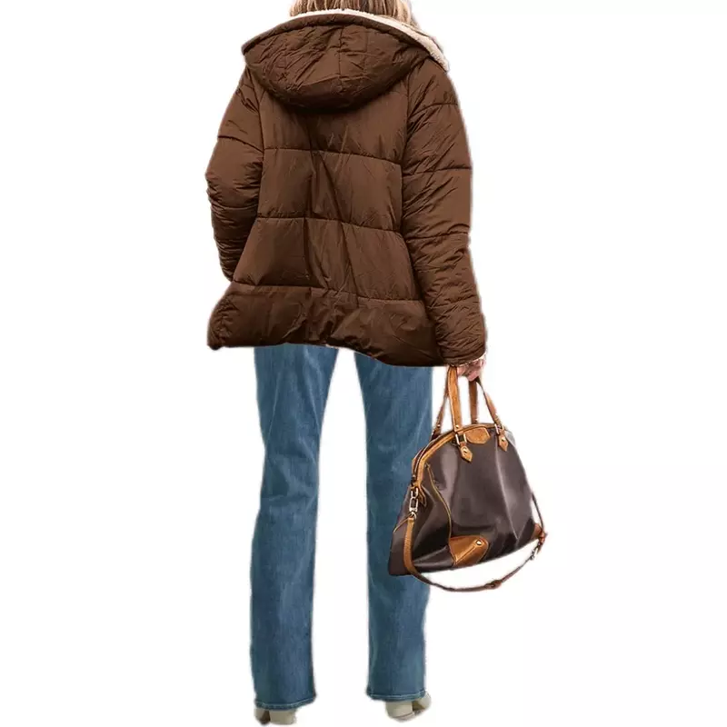Jaqueta curta com capuz monocromática, jaqueta acolchoada de algodão, manga longa, dupla face, cardigan de temperamento fino, casaco superior