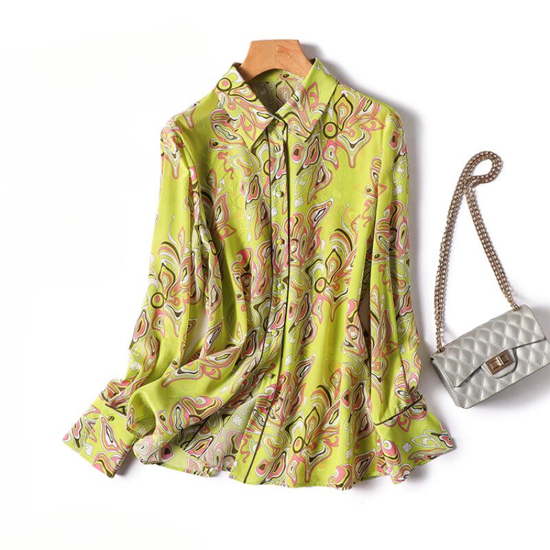 Blus motif bunga Satin wanita, baju atasan kerah Polo lengan panjang longgar motif bunga musim semi/musim panas untuk wanita