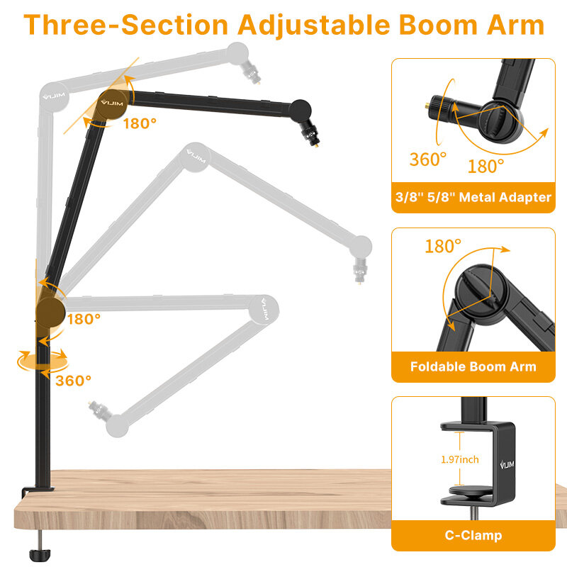 VIJIM LS24 Microphone Boom Arm Stand Desk DSLR Camera Holder Adjustable Suspension Mic Boom With 1/4 Screw Mount for Recording