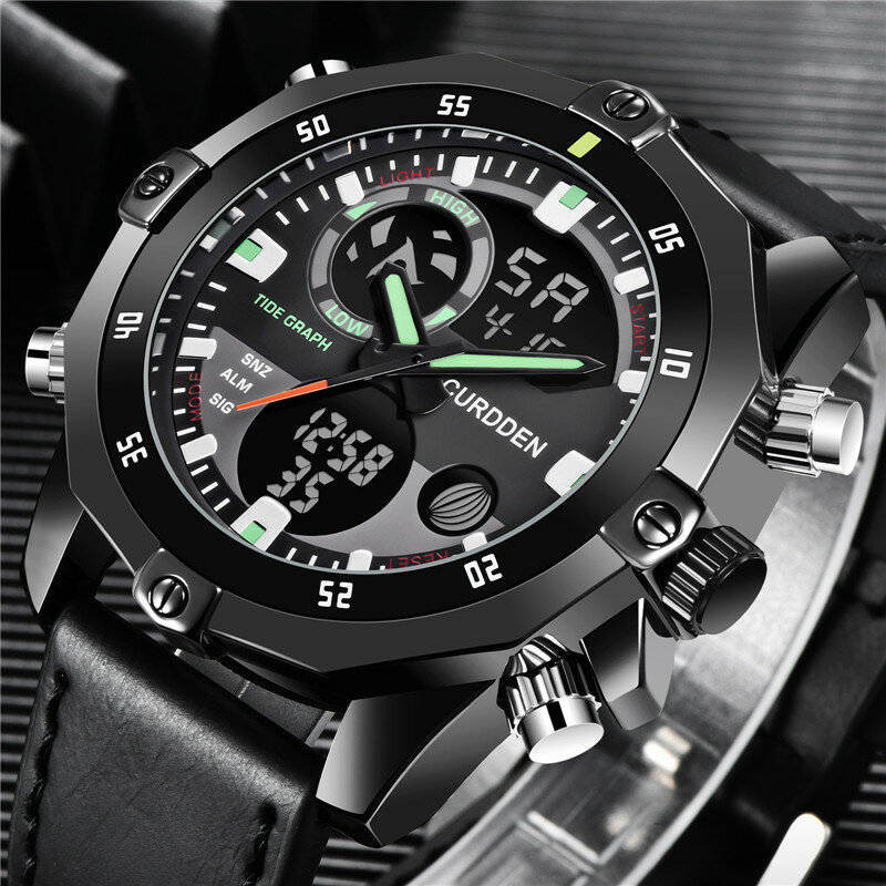 Reloj Digital deportivo multifunción para hombre, cronógrafo CURDDEN de marca grande, a la moda correa de cuero, doble horario, color negro