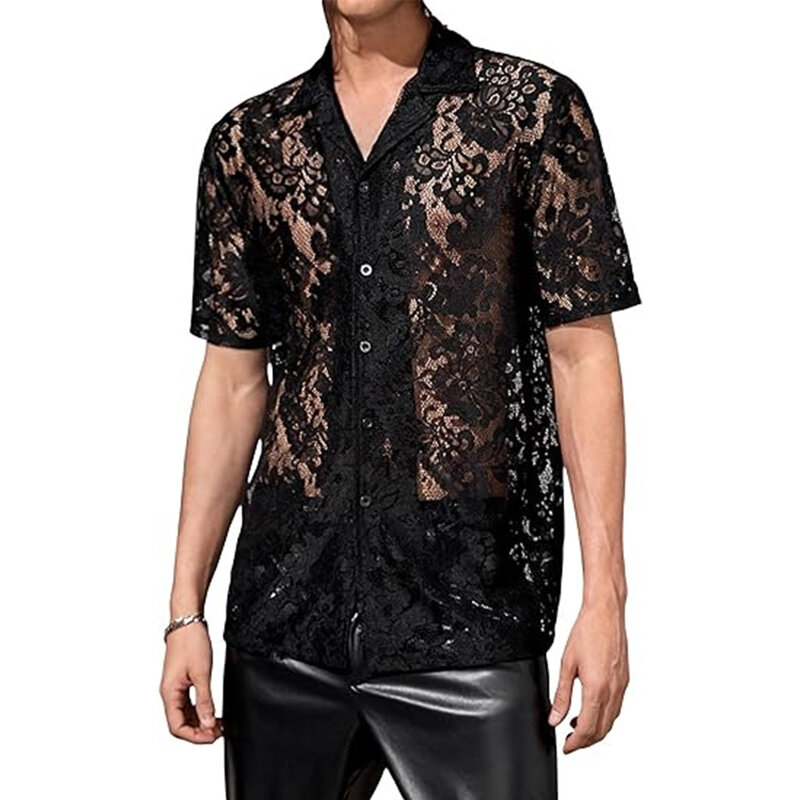 Chemise en polyester transparente à manches courtes, chemise de soirée, chemise boutonnée, document monochrome, chemise de boîte de nuit confortable