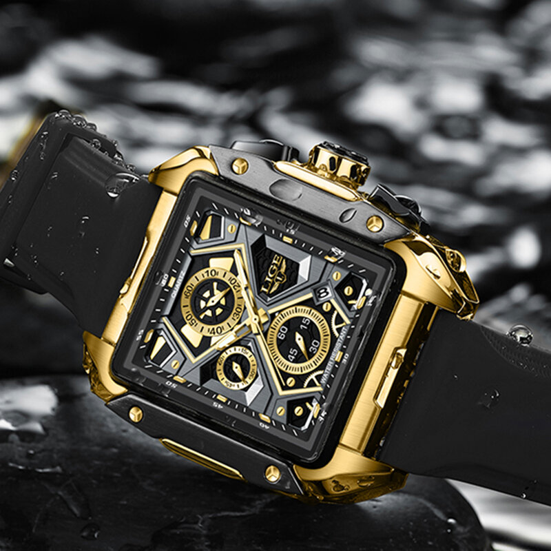 Jam tangan emas pria, arloji asli mewah klasik Quartz Analog konograf olahraga tahan air tali silikon