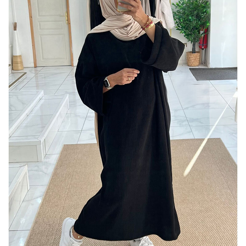 Abaya Corduroy musim dingin dengan saku samping tebal hangat Lebaran pakaian Islami kualitas tinggi Muslim wanita lengan panjang gaun sederhana