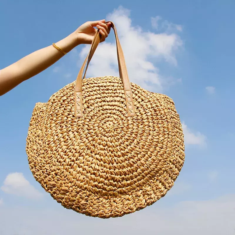 Lw033 neue böhmische Sommerferien lässige Taschen runde Stroh Strand tasche Vintage hand gefertigt gewebt