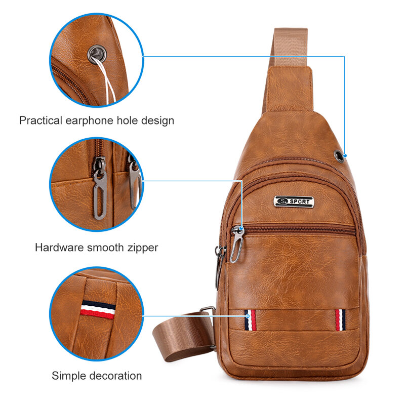 High Quality PU Leather Casual Triangle Crossbody Chest Sling Bag With Headset Hole Design Travel One Shoulder Bag Daypack Male