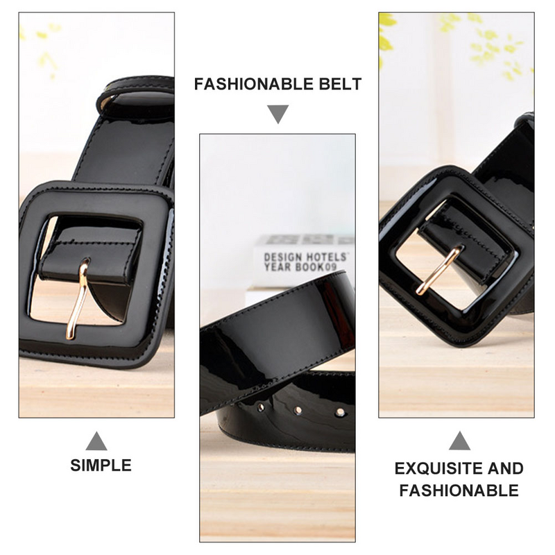 حزام براءة اختراع PU مع مشبك للجينز ، فستان أسود ، خصر عريض