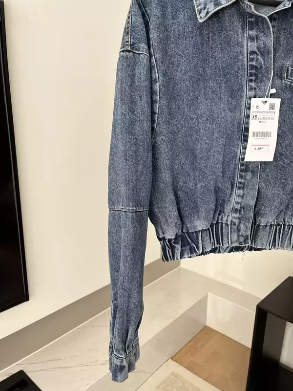 Frauen neue Mode elastischen Saum Design verkürzte Jeans fliegende Jacke Mantel Vintage Langarm Schnalle weibliche Oberbekleidung schickes Overs hirt