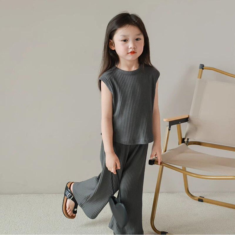 Baby Girls Casual Suit Homewear 2pcs Summer Sleeveless Vest Top + Trousers Two-piece Loose Children Clothes Sets 2 3 4 5 6 years