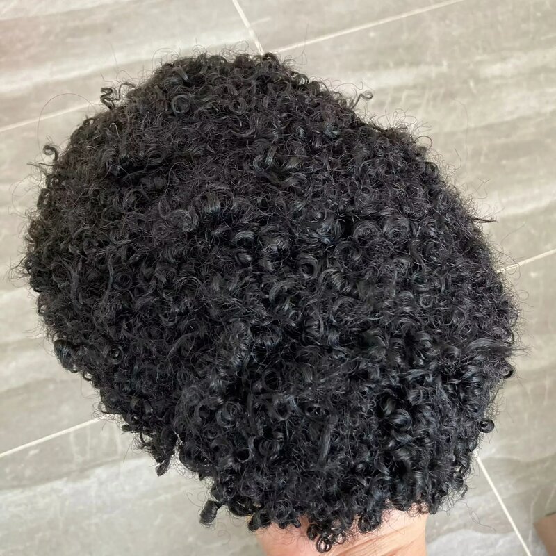 Parrucchino da uomo nero 8mm Afro Curly sostituzione pelle iniettata PU Base parrucchino per uomo 100% Remy capelli umani protesi maschile marrone