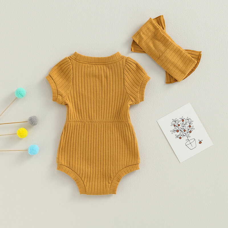 Macacão de malha com nervuras com bandana, macacão manga curta, bodysuit cor sólida, roupas de bebê menina, roupa de verão