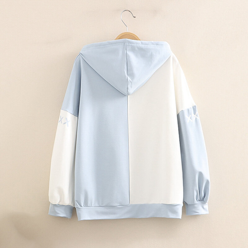 Damskie bluza Kawaii nadruk kota bluzki z długim rękawem Color Block sweter styl japoński urocze jesienne damskie ubrania z kapturem
