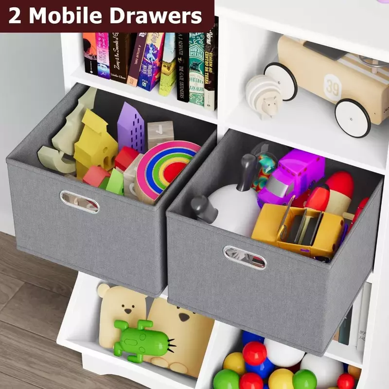 Caja de almacenamiento de juguetes, estantería para niños con 2 cajas y cubículos, para habitación de niños, sala de juegos, blanco