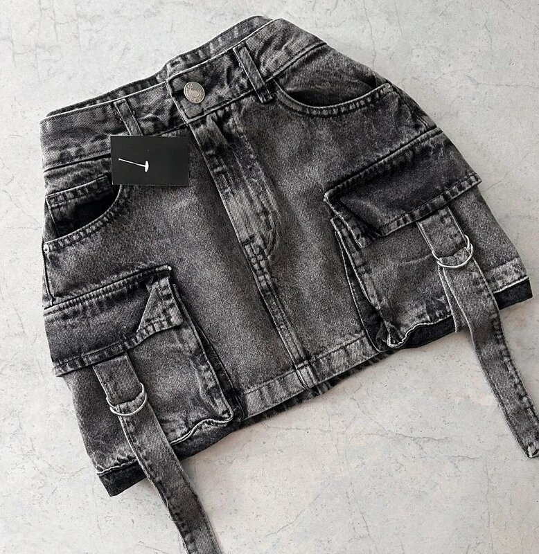 Seksowna gorąca dziewczyna z wysokim stanem dopasowana spódnica Mini Harajuku Y2K nowy modna spódnica kobiet Vintage gotycki kilka kieszeni jeansowa spódniczka StreetWear