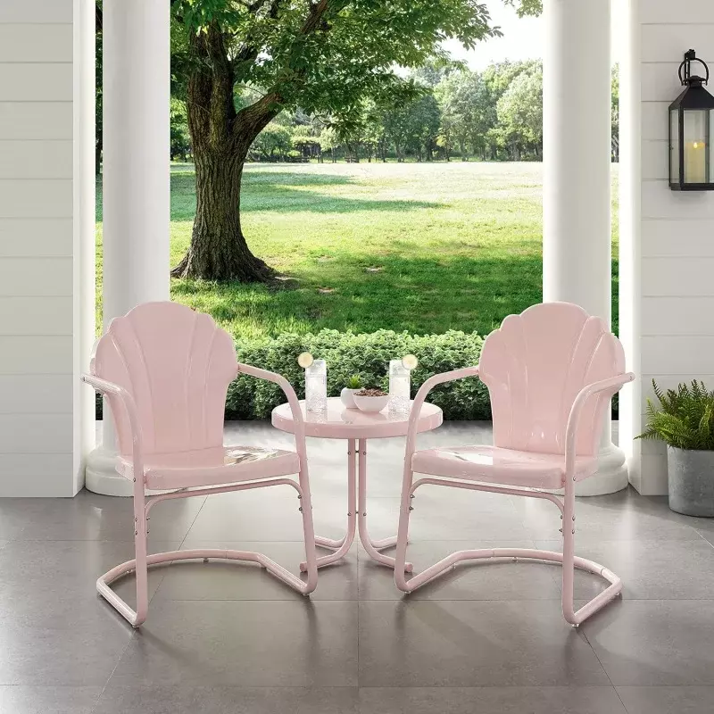 クロスリー家具-チューリップレトロメタル3ピースシートセット、ピンク、椅子2脚とサイドテーブル、ko10011pi