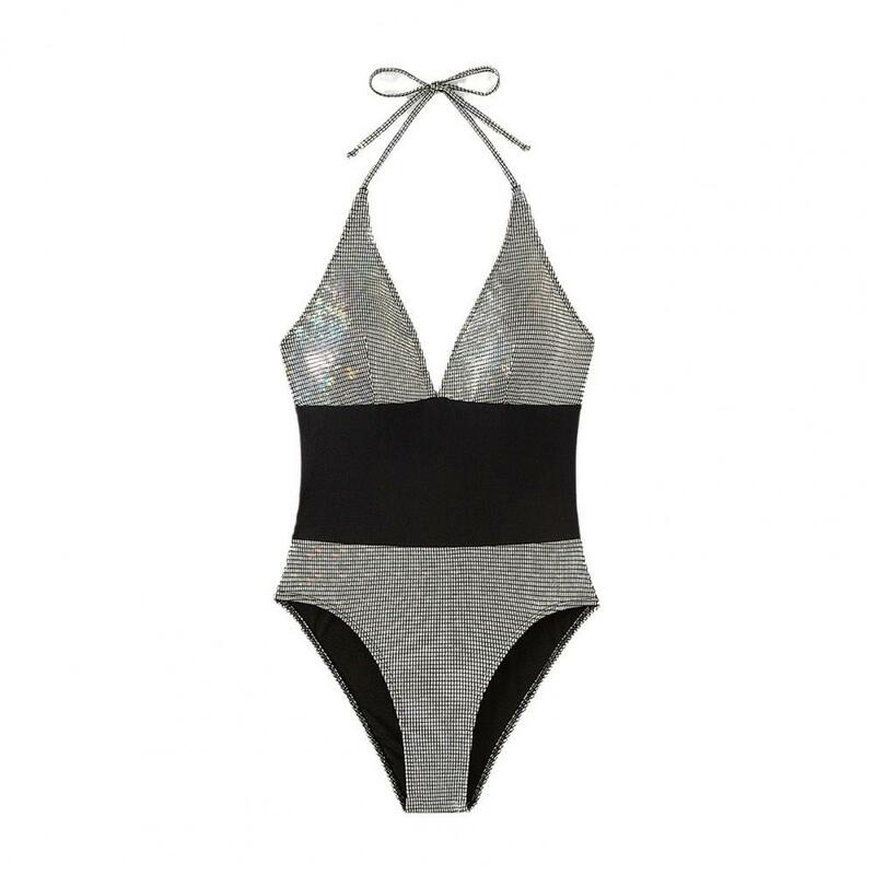Nylon Spandex One-piece Swimsuit Sparkling Sequin Patchwork Monokini with Lace-up Halter High Waist Backless for Beachwear