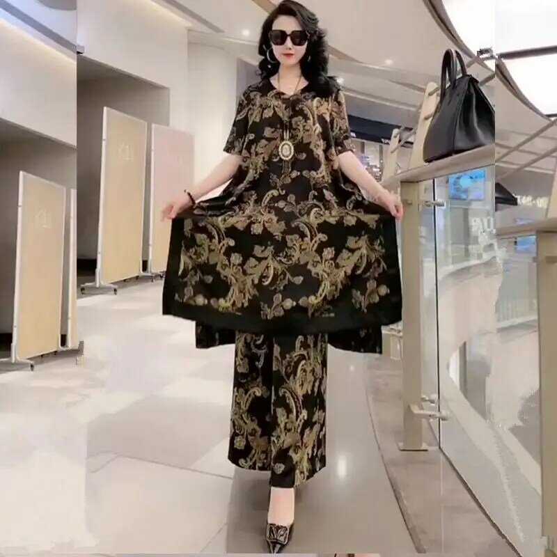 Large Size Silk Wide Leg Pants Set for Women's 2024 Spring and Summer New Stylish and Slimming Two Piece Set for Woman