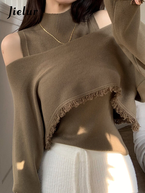 Jielur Two Piece Autumn New Solid Color Slim Pullovers Woman Sweet Ladies Street Pullovers Women Coffee White Fashion Pullovers