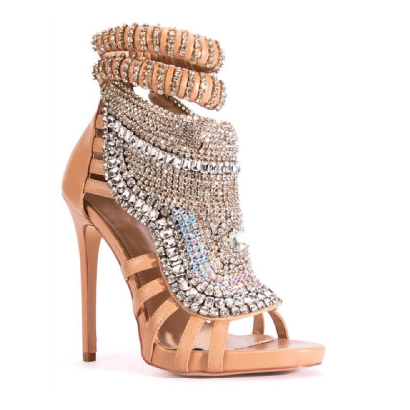Luxe Design Diamanten Vrouwen Naaldhakken, Grote Maat 47 Stiletto Sandalen, Strass Dames Feestjurk Muilezelschoenen Glitter