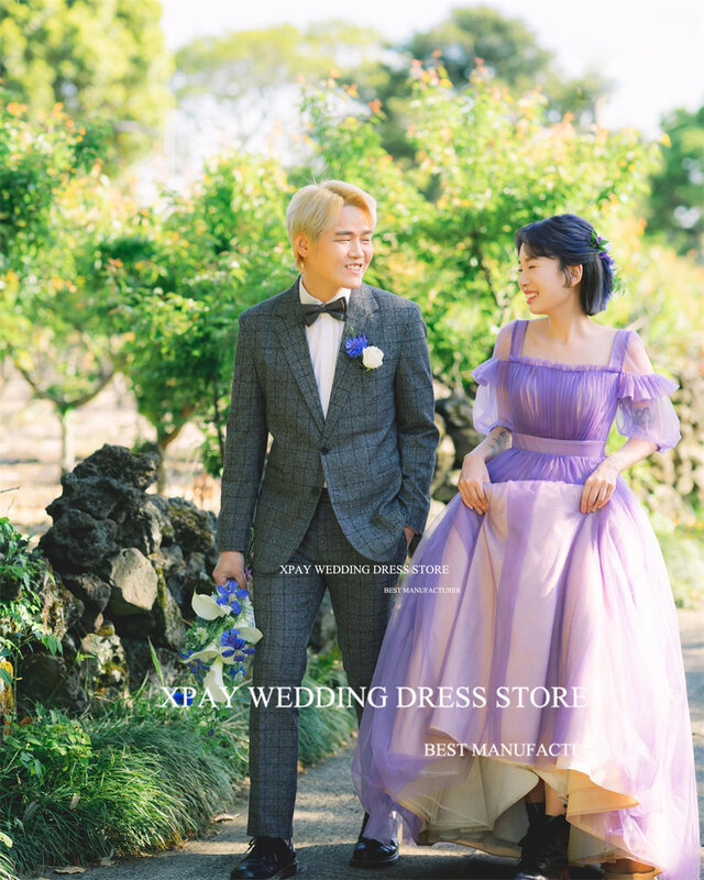 XPAY-vestido de noche púrpura de Corea con cuello cuadrado, vestido Formal de manga corta con volantes, sesión de fotos, Espalda descubierta, talla personalizada, vestido de fiesta plisado