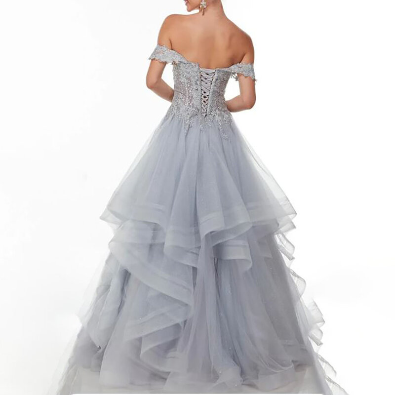 A-Line Lace Tulle Off Shoulder Sweetheart Short Sleeves Open Back Ruffles Sweep Train Prom Dress