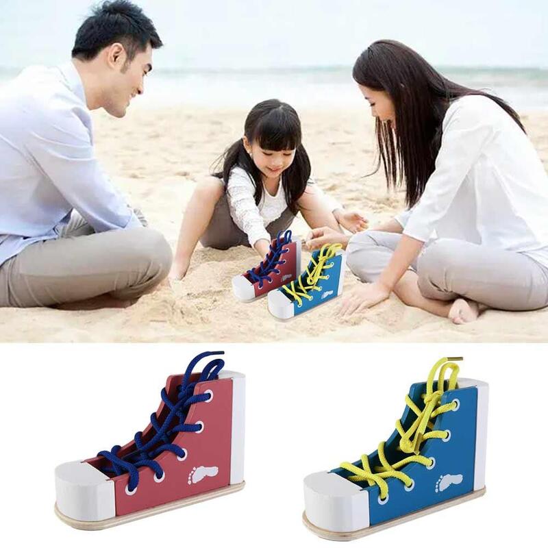 Tie Shoes Wooden Shoelace Toys Puzzle game Lacing Sneaker Montessori Tie-Up Shoe Puzzle Toy Lacing Shoes Wood
