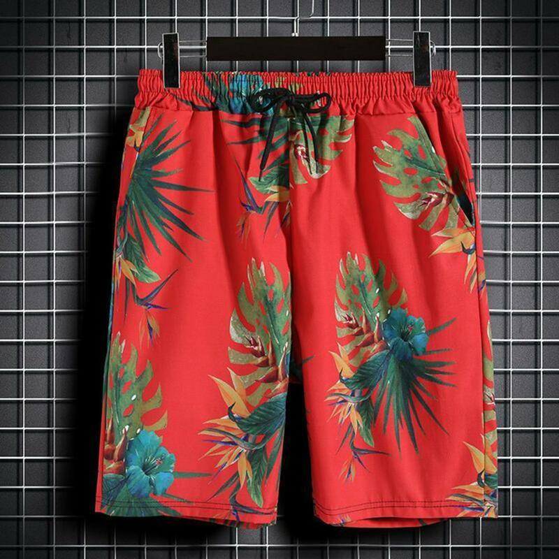 Hawaiian Style Shirt Shorts Set Hawaiian Style Shirt Shorts Set with Tropical Leaves Print Lapel Collar Drawstring Waist Men's
