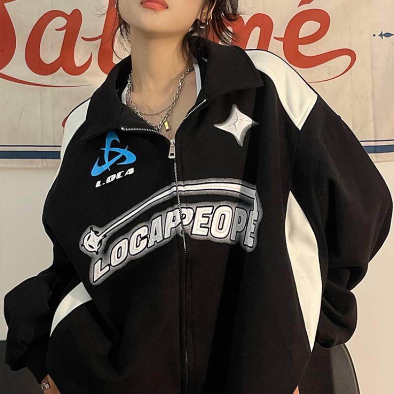 Veste coréenne décontractée surdimensionnée avec lettre imprimée et fermeture éclair pour femme, manteau américain rétro de rue Hip Hop pour femme Y2K