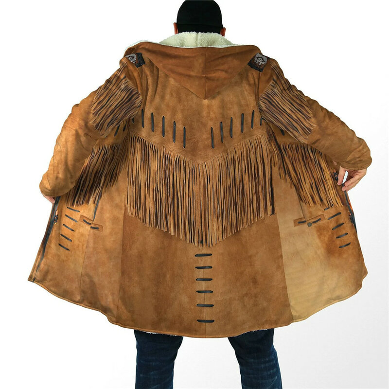 HX-Manto grosso com capuz impresso em 3D masculino, jaqueta de lã quente, padrão tribal retrô, borlas à prova de vento, inverno