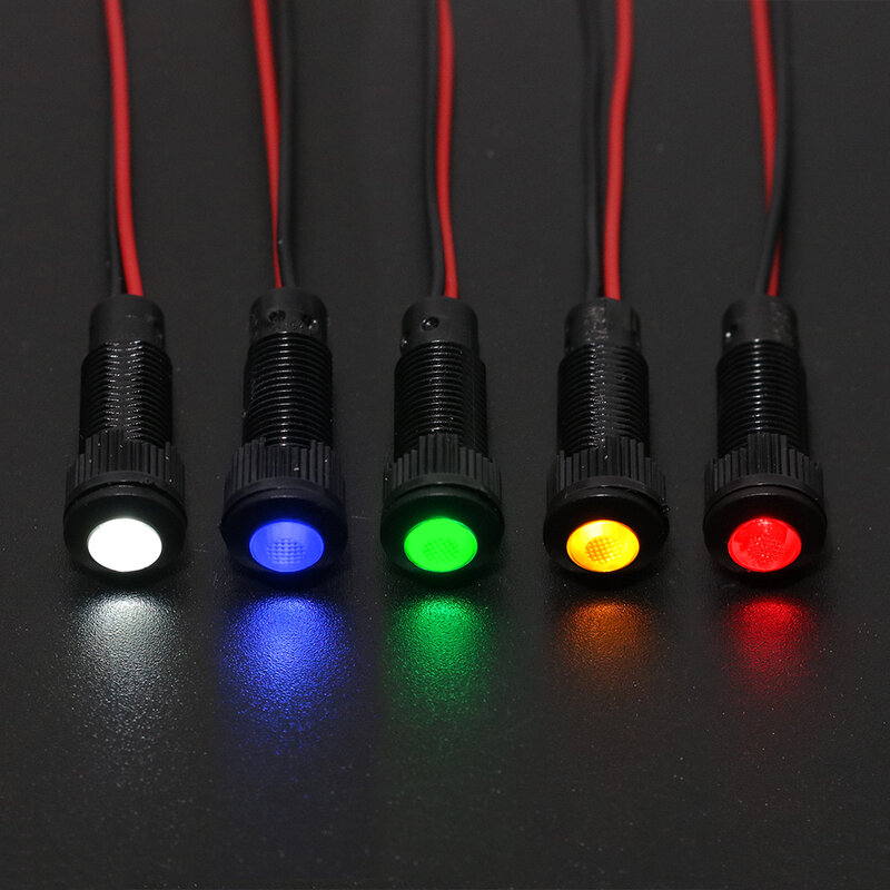 Mini aviso LED piloto sinal lâmpada com fio, luz indicadora de plástico, vermelho, amarelo, azul, verde, oxidado, 8mm, 6V, 12V, 24V, 220V, 1Pc