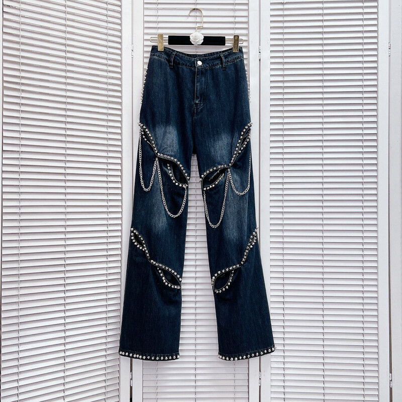 Calça jeans feminina pesada com corrente oca, calça emagrecedora de perna larga, cintura alta, solta, nova, primavera, verão, 2022