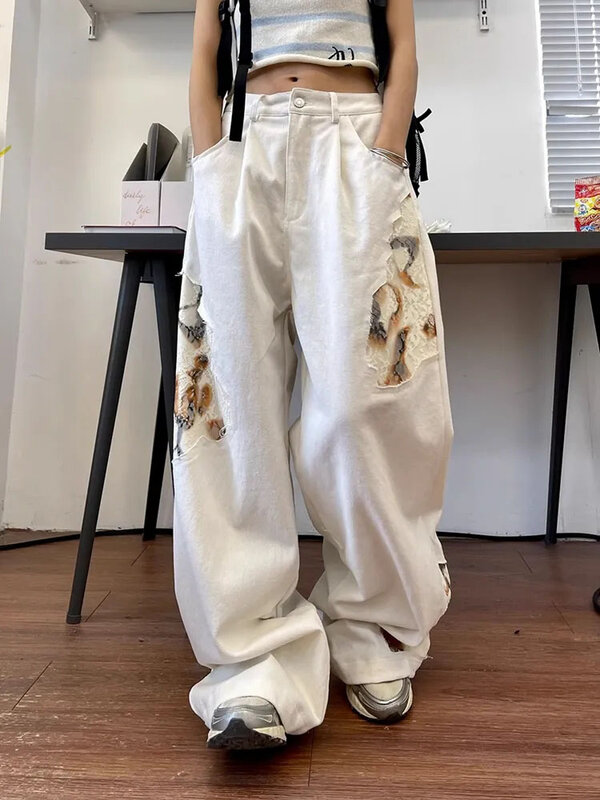 Celana kaki lebar desain baru celana Denim putih kasual modis Jeans panjang penuh pinggang tinggi gambar cetak anak perempuan Mori Retro Korea