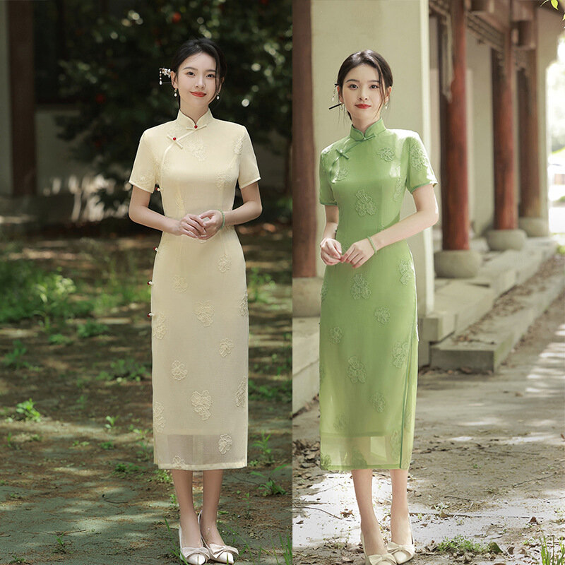 Improved Chiffon Embrodiery Chinese Women Qipao Sexy Short Sleeve Cheongsam Retro Sweet Daily Party Dress