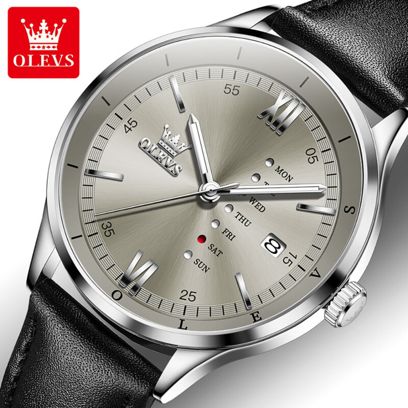 Olevs 2931 Quartz Mode Horloge Cadeau Lederen Horlogeband Ronde Wijzerplaat Kalender