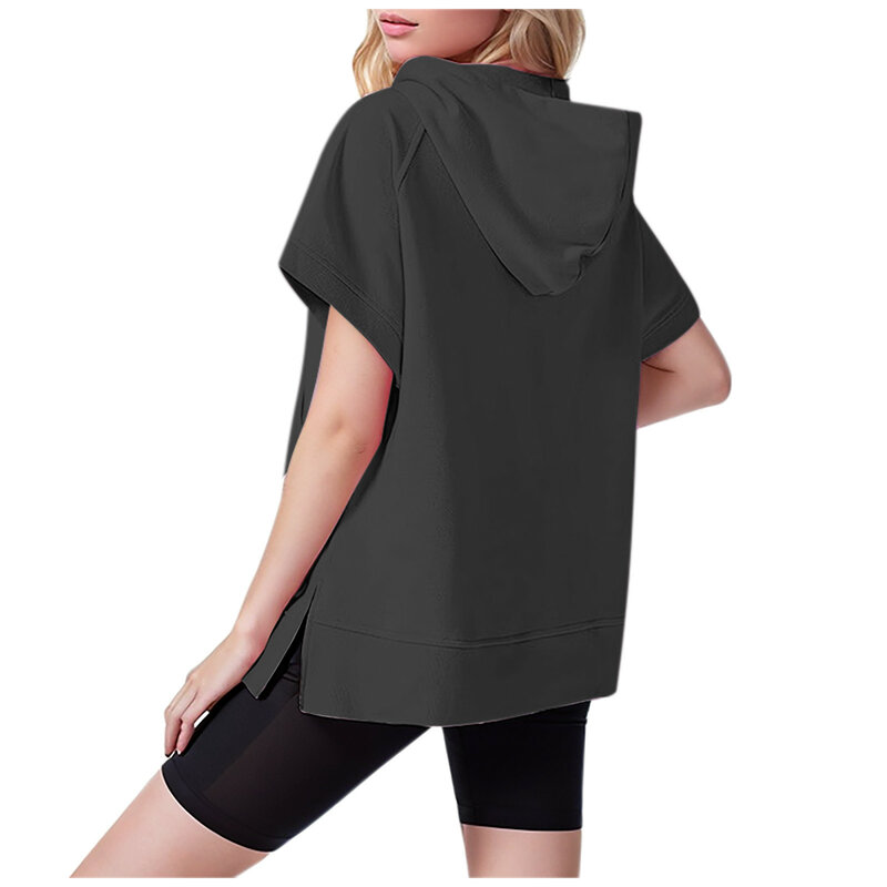 Women's Fashion Casual Solid Color Zipper Hooded Pocket Short Sleeved Hoodie Sleeve Top