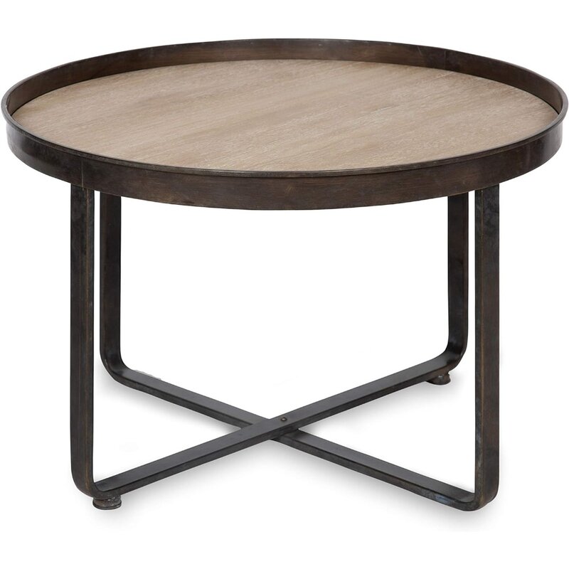 ラベルモダンファーハウスラウンドコーヒーテーブル、錬鉄製クリアスクロスベース、ホワイトオーク仕上げの木製挿入テーブル、黒