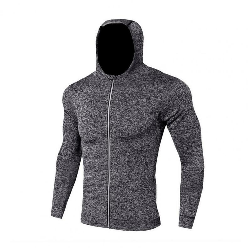 Men Solid Color Coat Stylish Men's Sport Coat Hooded Zipper Cardigan for Gym Outdoor Jogging Quick Dry Soft Breathable