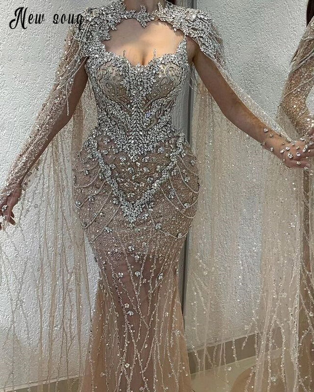 Illusion manica lunga mantello abiti da ballo Champagne cristalli abito da festa di nozze Chic perline abito da sera formale Robes De Soirée