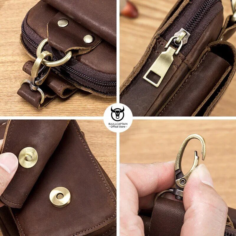 BULLCAPTAIN Men's Genuine Leather Waist Bag Retro Casual 6.7-Inch Mobile Phone Bag Multifunctional Double Layer Waist Bag