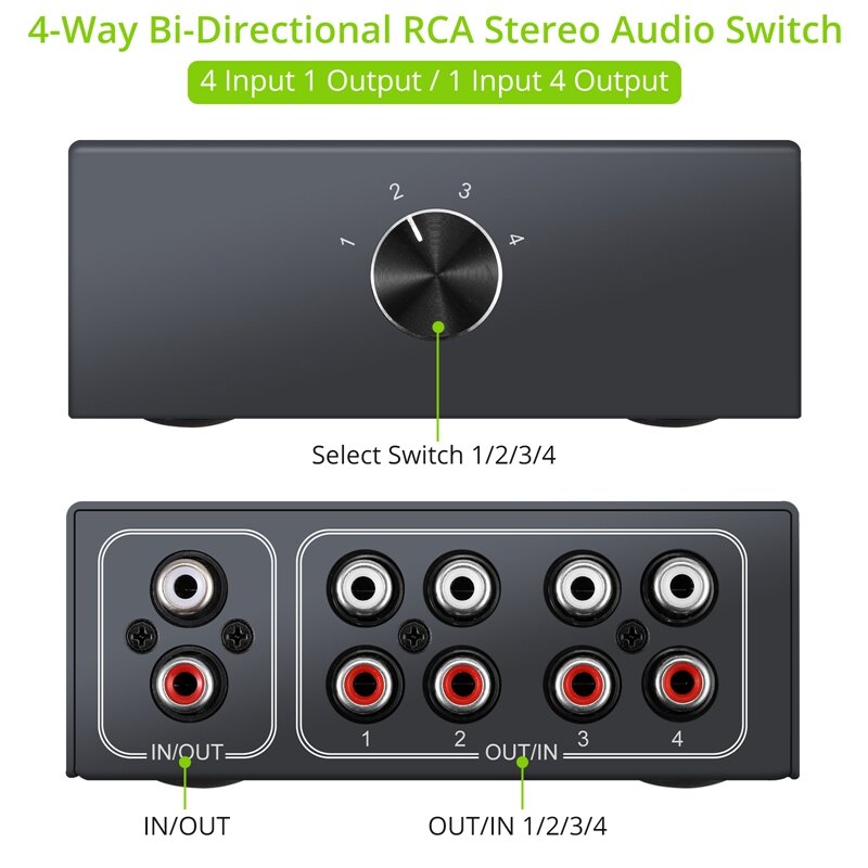 4-kierunkowy dwukierunkowy przełącznik Audio Stereo RCA 1 na 4 wyjścia lub 4 na 1 wyjście L/R Jack kanał dźwiękowy przełącznik Audio RCA