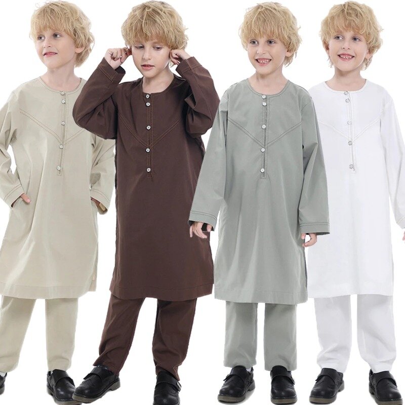 Thobe For Boys Saudi Arabia Full Sleeve 2 Piece Set Jubba Thobe Caftan Islam Solid Color Muslim Clothing Abaya Middle East Robe