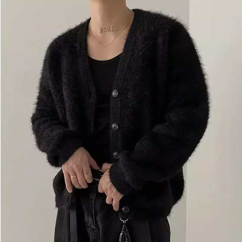 Suéter de lana de visón con cuello en V para hombre, cárdigan de punto con botonadura, abrigo suelto coreano de otoño, nueva moda, 9C2391