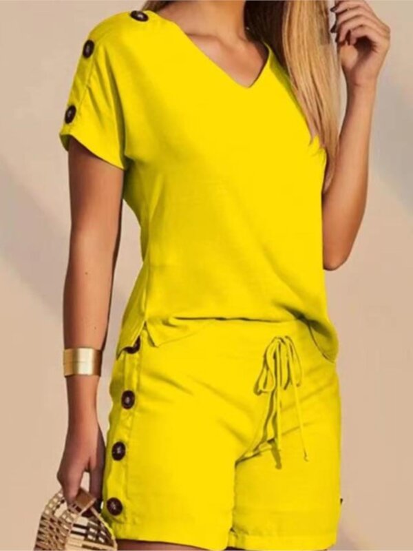 2024 여성용 V넥 반팔 캐주얼 상의 및 드로스트링 디자인 반바지 세트, 단색 투피스 세트, 여름 패션
