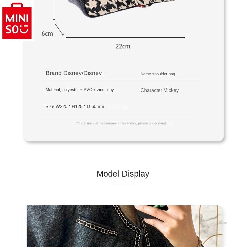 MINISO Disney-Bolso de lujo ligero con cadena a cuadros para mujer, bolso de cena de alta calidad, almacenamiento de las axilas