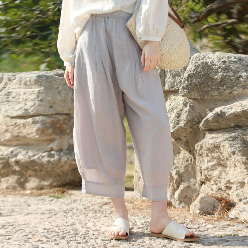 Calça vintage solta elástica de cintura alta feminina, 100% ramie, streetwear casual de camada dupla, verão, 2022