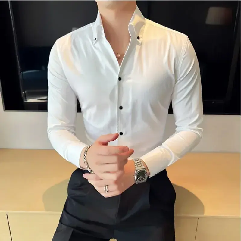 Весна-Осень 2023, мужская деловая Классическая рубашка/мужская приталенная высококачественная повседневная рубашка с длинным рукавом, мужские топы