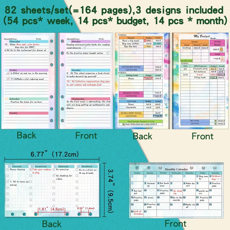 A6 folha solta caderno recarga espiral binder página interna orçamento semanal mensal dentro papelaria de papel